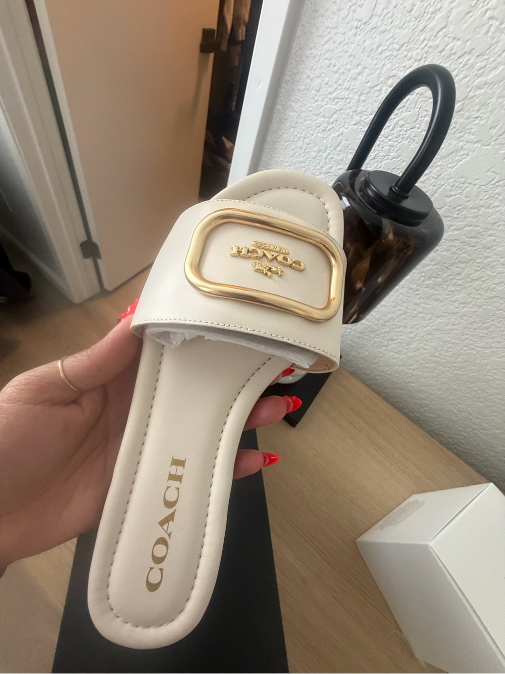 Coach Chalk Leather Slide Sandals with Gold Turnlock